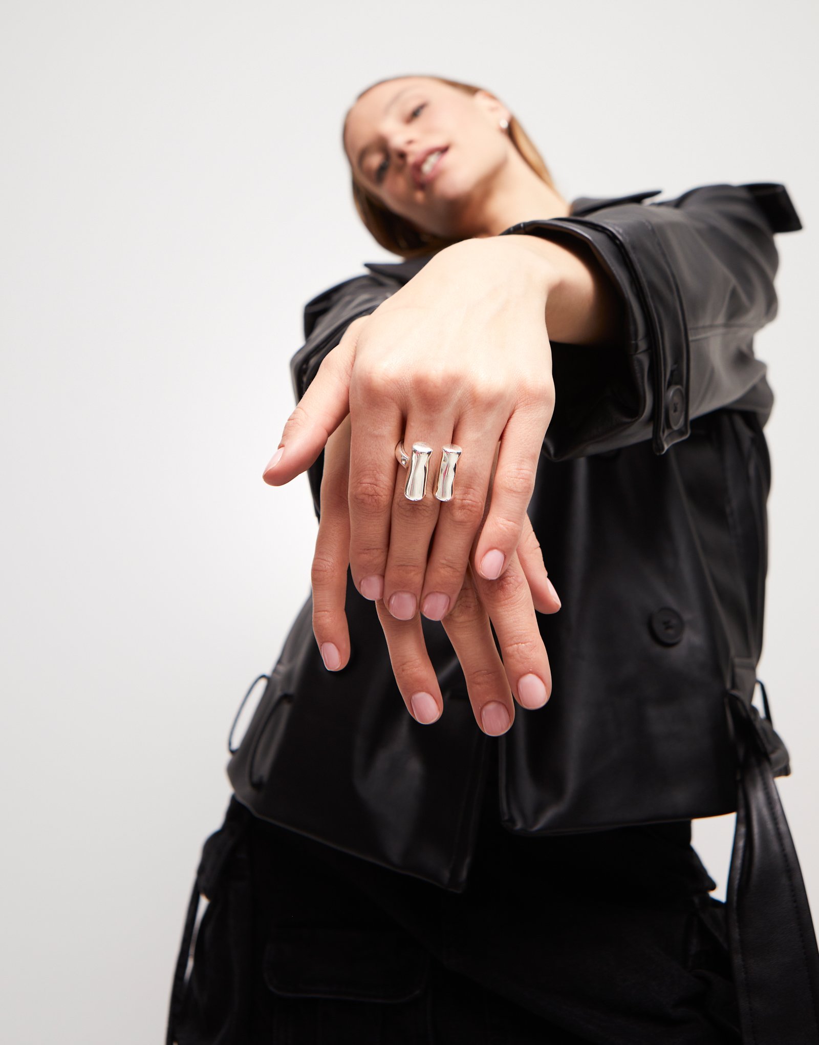 Sterling silver-plated ring with two vertical tubes, Silver, large thumbnail